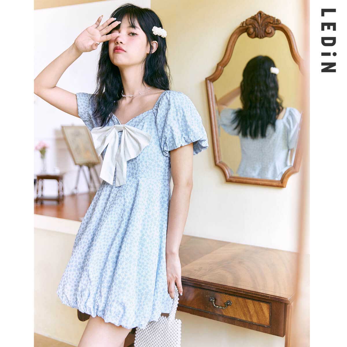 冰月連衣裙2021新款春蝴蝶結連衣裙方領茶歇裙